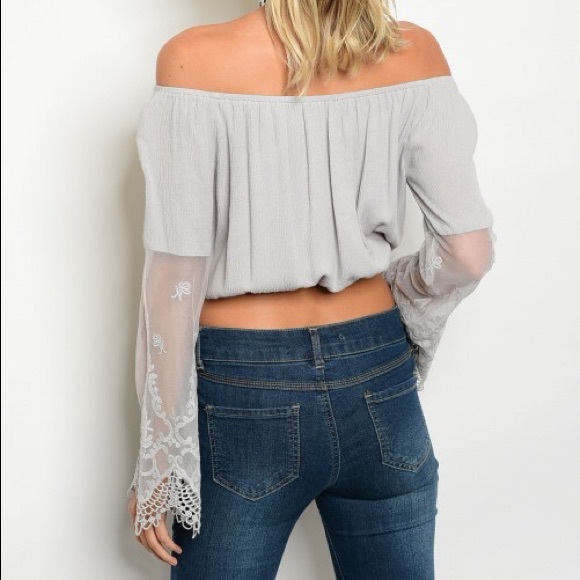 ❗️CLOSING SALE❗️Gray Off Shoulder Lace Crochet Top - Picture 3 of 3